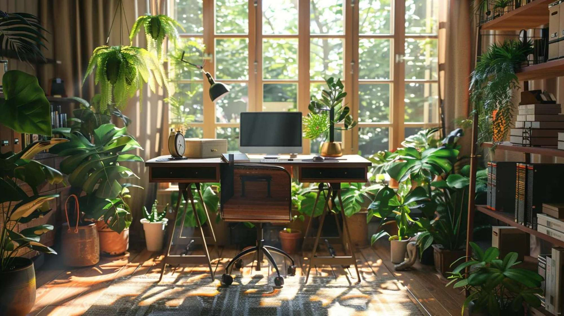 Sunlit home office with a desk, chair, computer, bookshelves, and many indoor plants, showing a calming setup that supports productive home office ROI