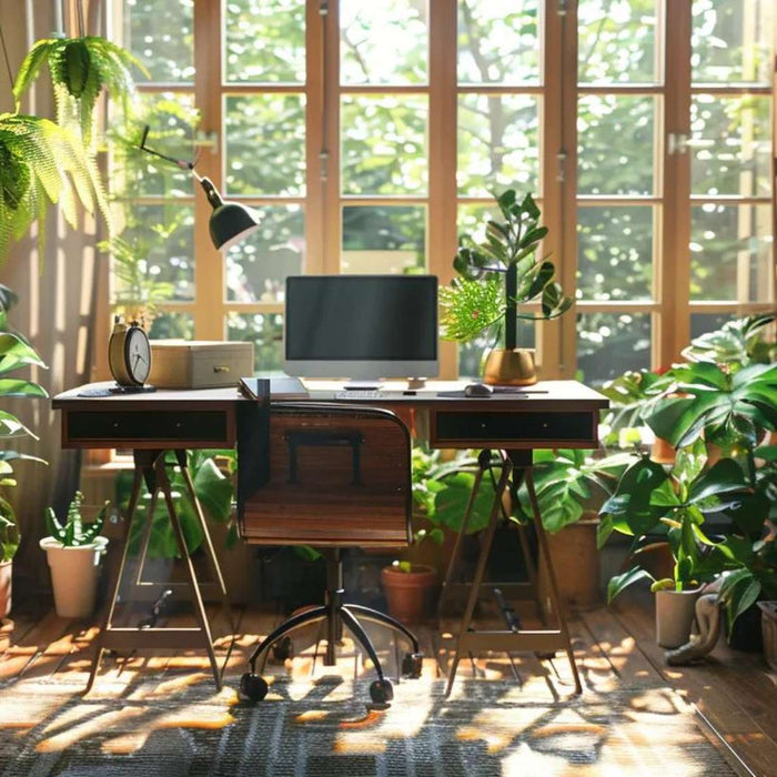 Sunlit home office with a desk, chair, computer, bookshelves, and many indoor plants, showing a calming setup that supports productive home office ROI