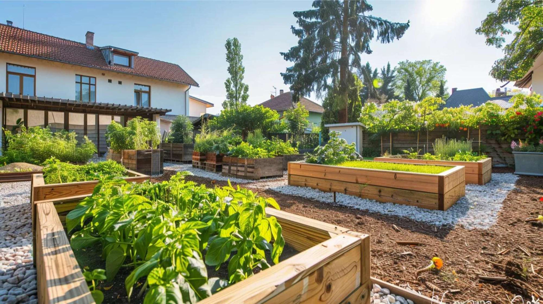 Sunny backyard with raised garden beds growing vegetables, supporting organic backyard produce income