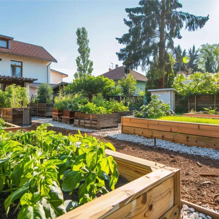 Sunny backyard with raised garden beds growing vegetables, supporting organic backyard produce income