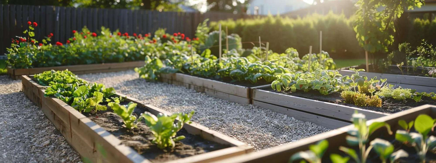 Sunny backyard with wooden raised vegetable beds and gravel paths, highlighting the question are raised garden beds better than ground