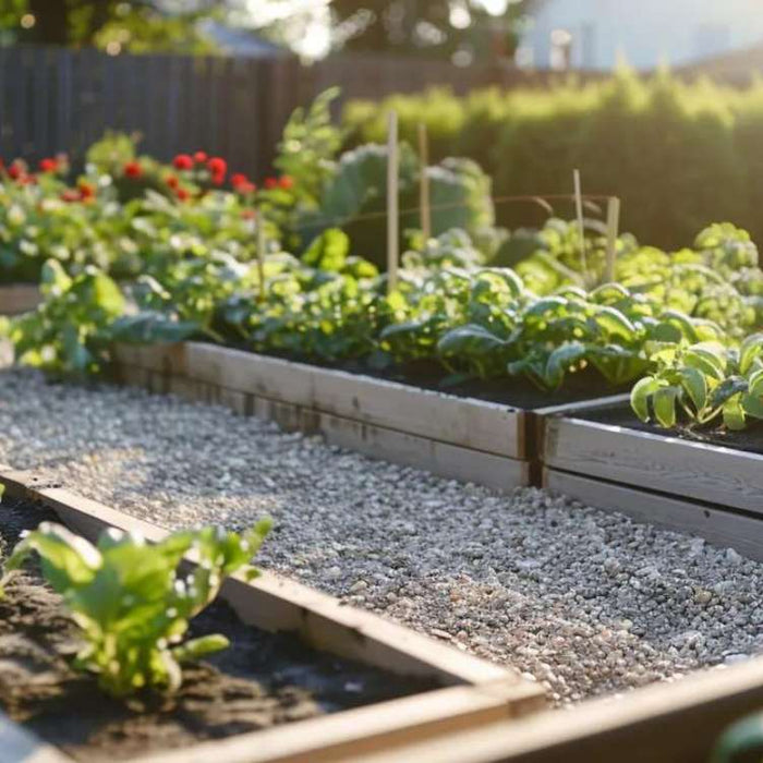 Sunny backyard with wooden raised vegetable beds and gravel paths, highlighting the question are raised garden beds better than ground