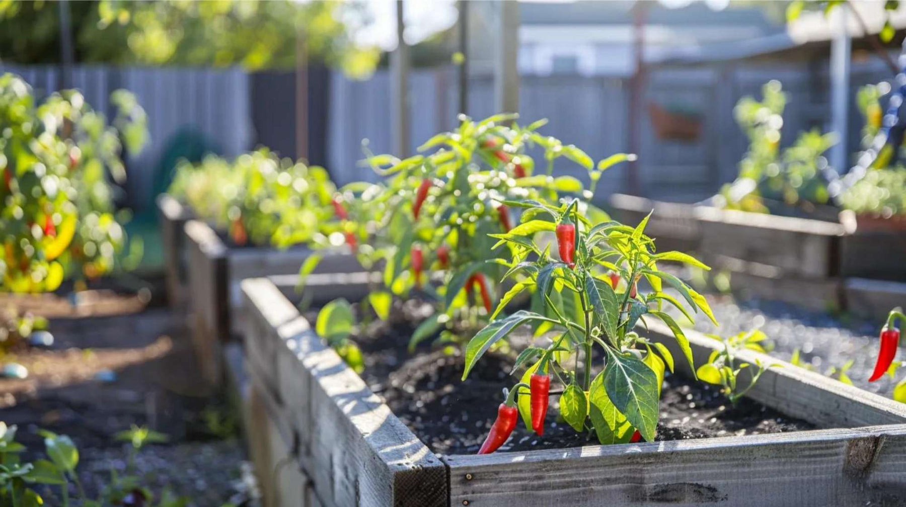 Sunny raised beds with red chili plants, ideal for anyone looking to grow peppers for profit