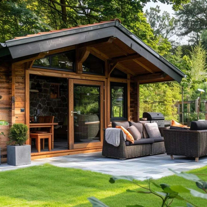 Surrounded by greenery, this small cabin with wide glass doors and outdoor seating shows peaceful, efficient living that makes people ask, Are Tiny Homes Worth It