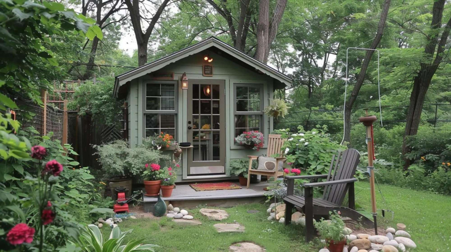 The image shows a cozy green cottage surrounded by lush plants and colorful flowers, perfectly capturing the charm and tranquility of a She Shed for Backyard retreat