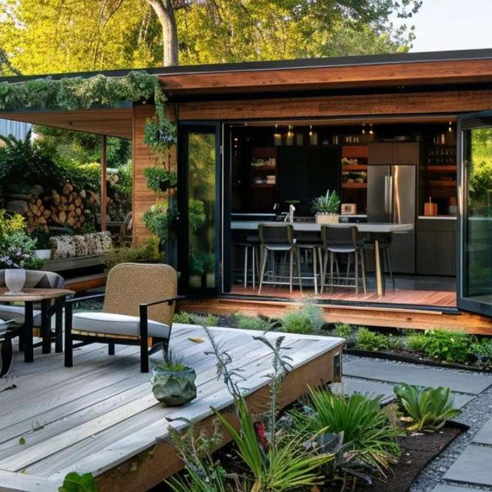 The photo shows a garden house with glass doors, a full kitchen, and lounge area, offering a real-life example of What Is a Garden House