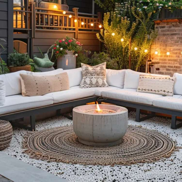This Fun Outdoor Living Space features a cozy L-shaped white sofa, a round fire pit, warm string lights, and lush greenery