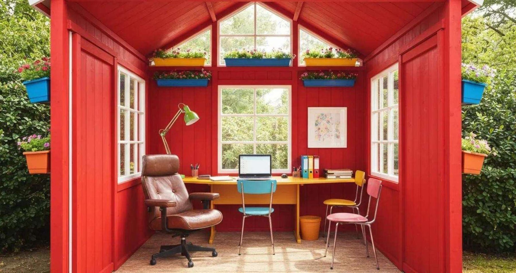 This bright red she shed for business features a cozy desk setup, colorful chairs, and large windows filled with natural light and blooming flowers
