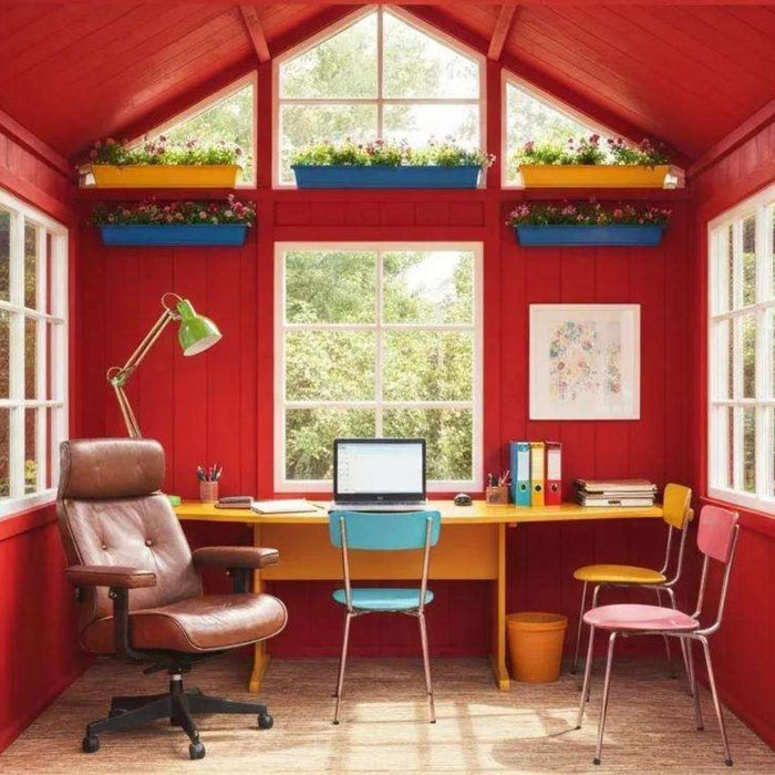 This bright red she shed for business features a cozy desk setup, colorful chairs, and large windows filled with natural light and blooming flowers