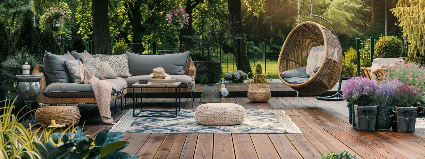 This deck design combines outdoor rugs, potted flowers, and natural textures, representing a warm and welcoming setup from the Top 12 Deck Design Ideas