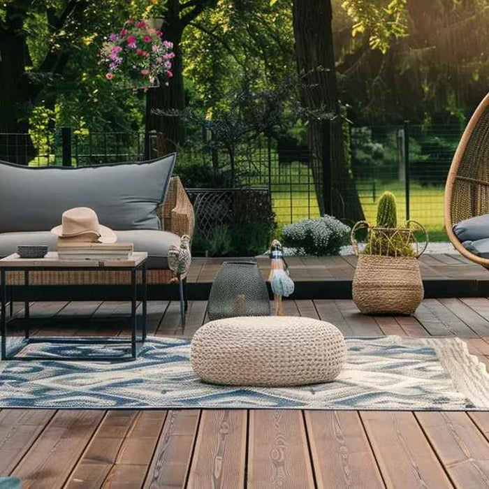 This deck design combines outdoor rugs, potted flowers, and natural textures, representing a warm and welcoming setup from the Top 12 Deck Design Ideas