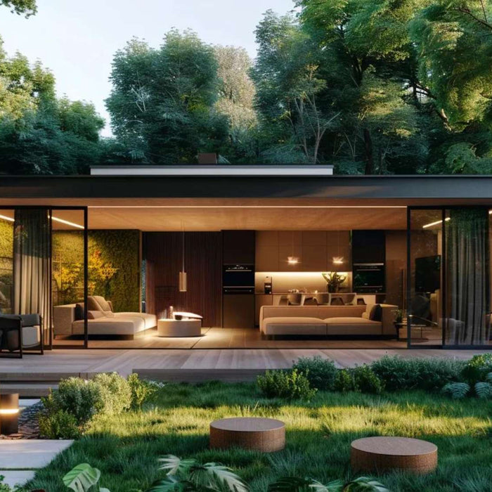 This image displays a minimalist garden house featuring wide glass doors and a tranquil patio, a beautiful example of How to Build a Garden House that brings the outdoors inside
