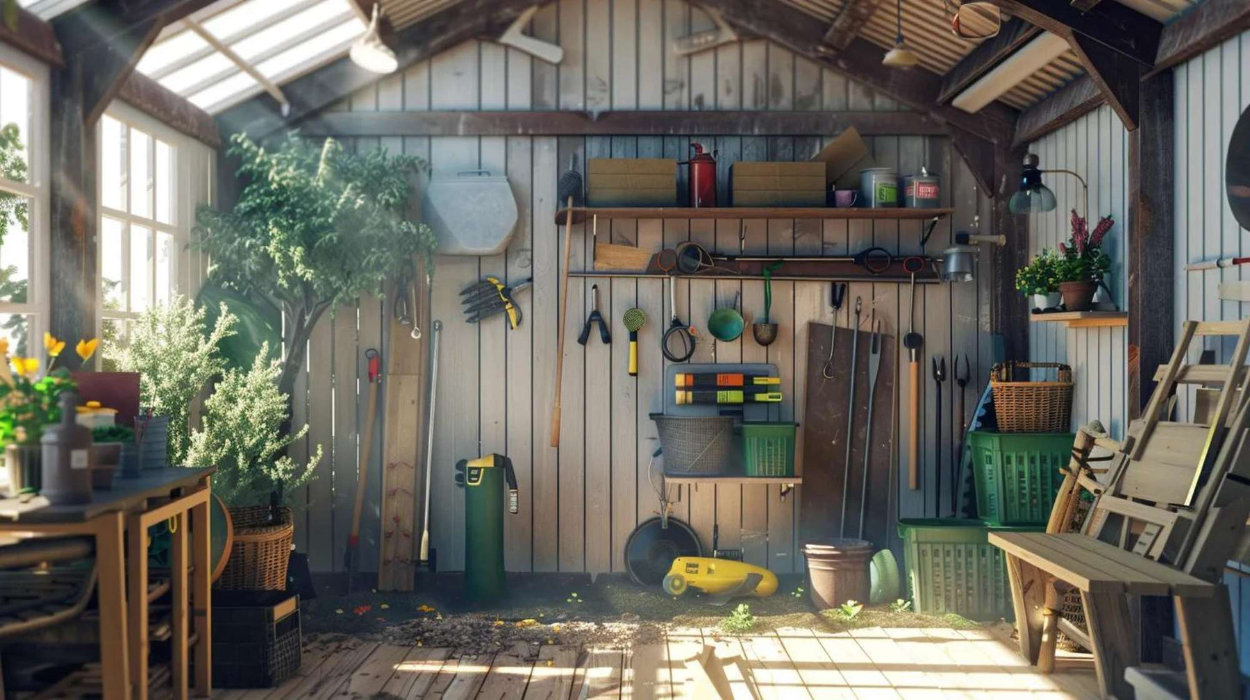 Tidy garden house for tools with organized racks, baskets, gardening equipment, and indoor plants arranged against wooden walls