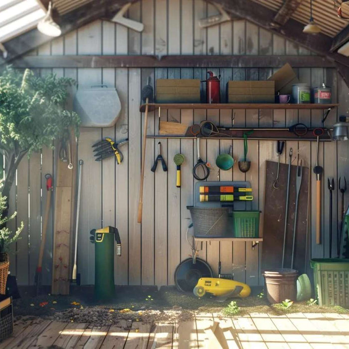 Tidy garden house for tools with organized racks, baskets, gardening equipment, and indoor plants arranged against wooden walls