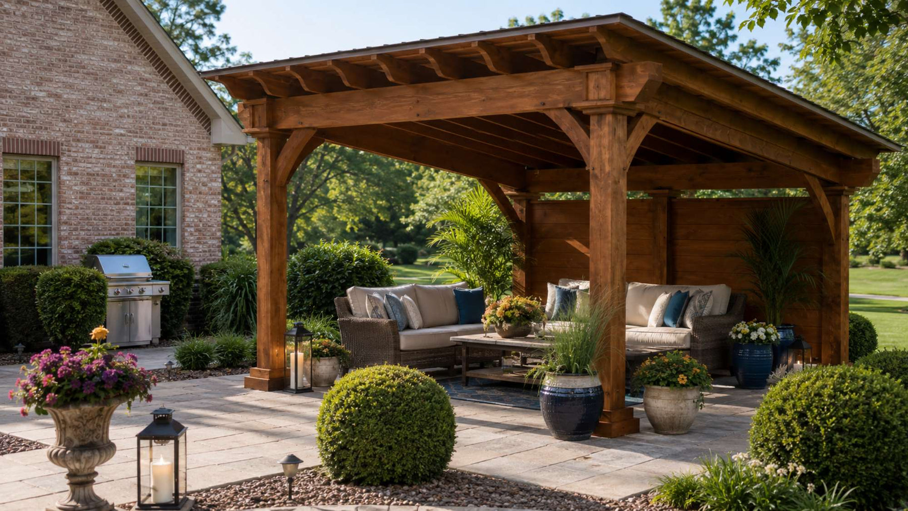 Timber frame pavilion with cushioned outdoor seating sits beside a brick home in a landscaped backyard with flowers and greenery