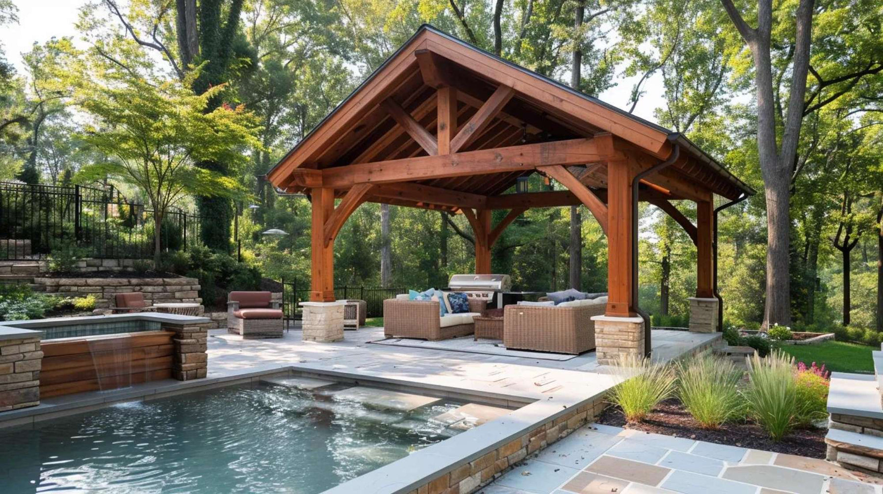 Timber-frame poolside setup showing how to build a backyard pavilion kit for outdoor lounging and entertaining