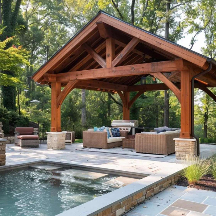 Timber-frame poolside setup showing how to build a backyard pavilion kit for outdoor lounging and entertaining