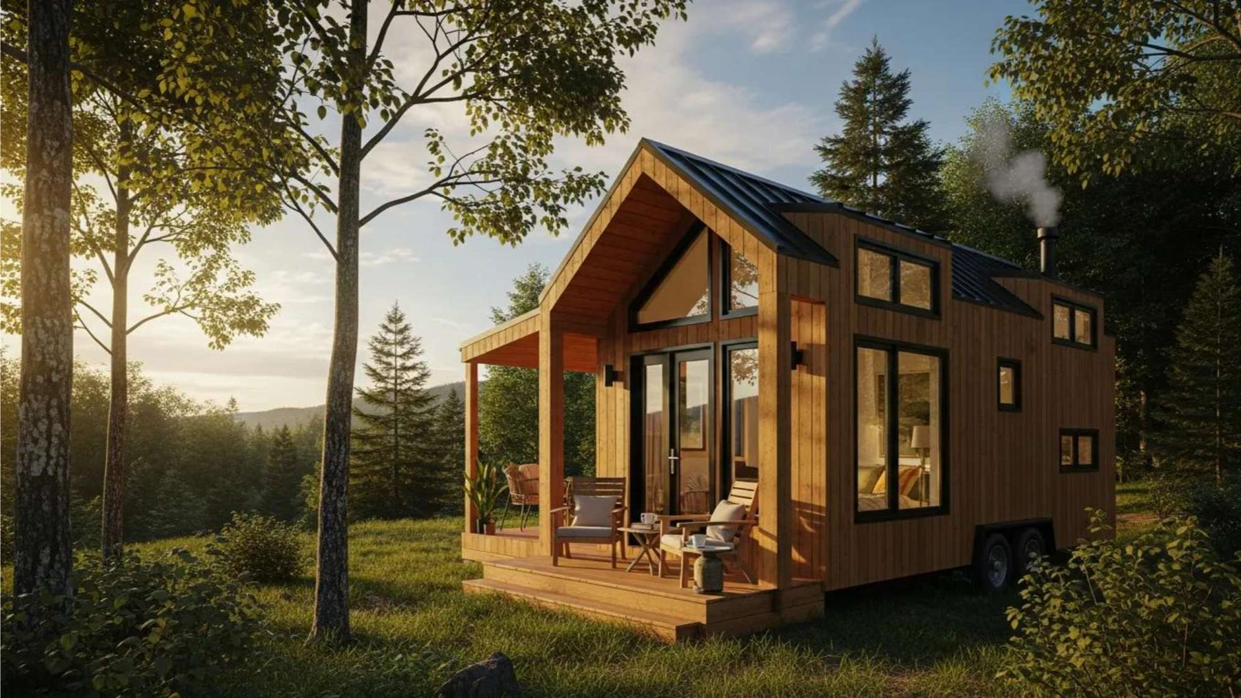 Tiny modern cabin in a forest clearing showing a peaceful backyard rental investment designed for long-term stays or vacation rentals