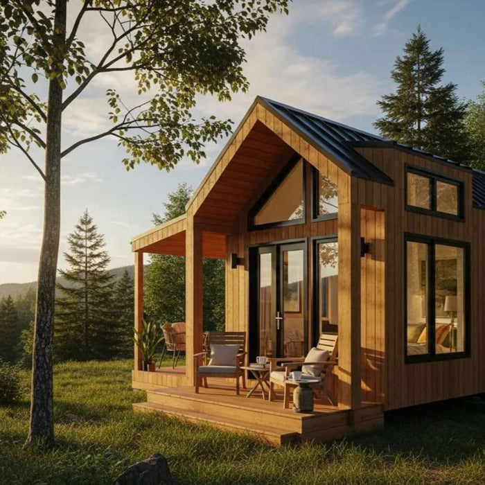 Tiny modern cabin in a forest clearing showing a peaceful backyard rental investment designed for long-term stays or vacation rentals