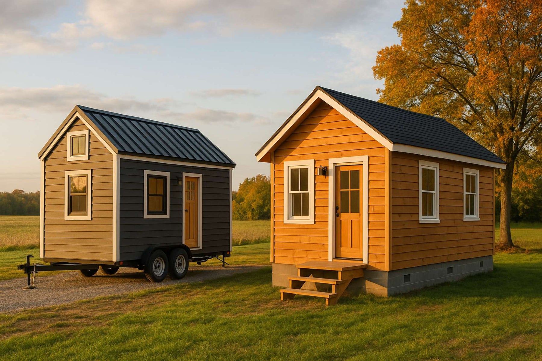 Tiny home versus mobile home, with a small gray house on wheels beside a slightly larger wooden home set on a foundation in a grassy field at sunset