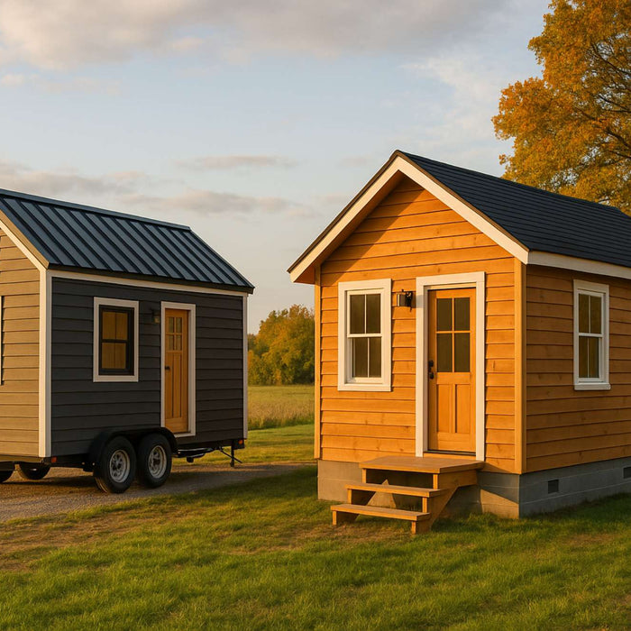 Tiny home versus mobile home, with a small gray house on wheels beside a slightly larger wooden home set on a foundation in a grassy field at sunset