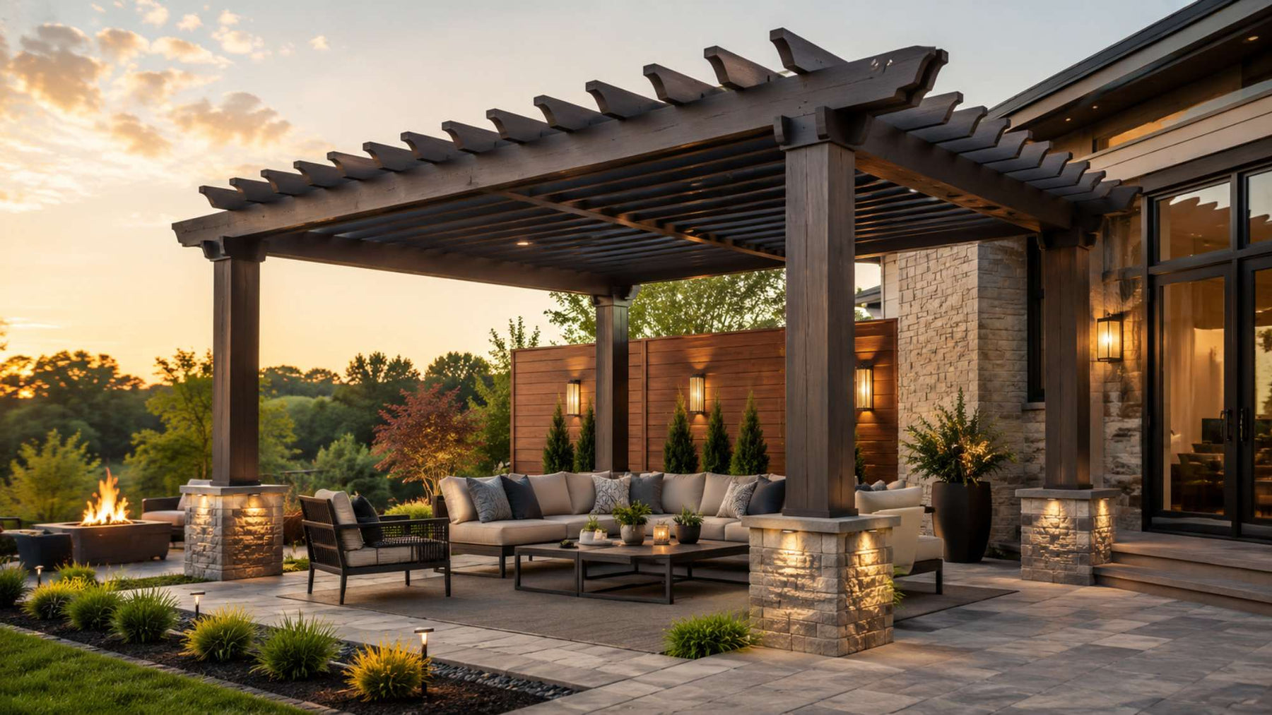 Trex pergola over a modern stone patio with outdoor seating, warm lights, landscaped greenery, and a fire pit at sunset
