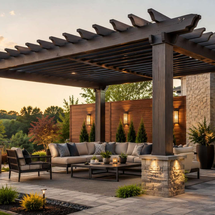 Trex pergola over a modern stone patio with outdoor seating, warm lights, landscaped greenery, and a fire pit at sunset