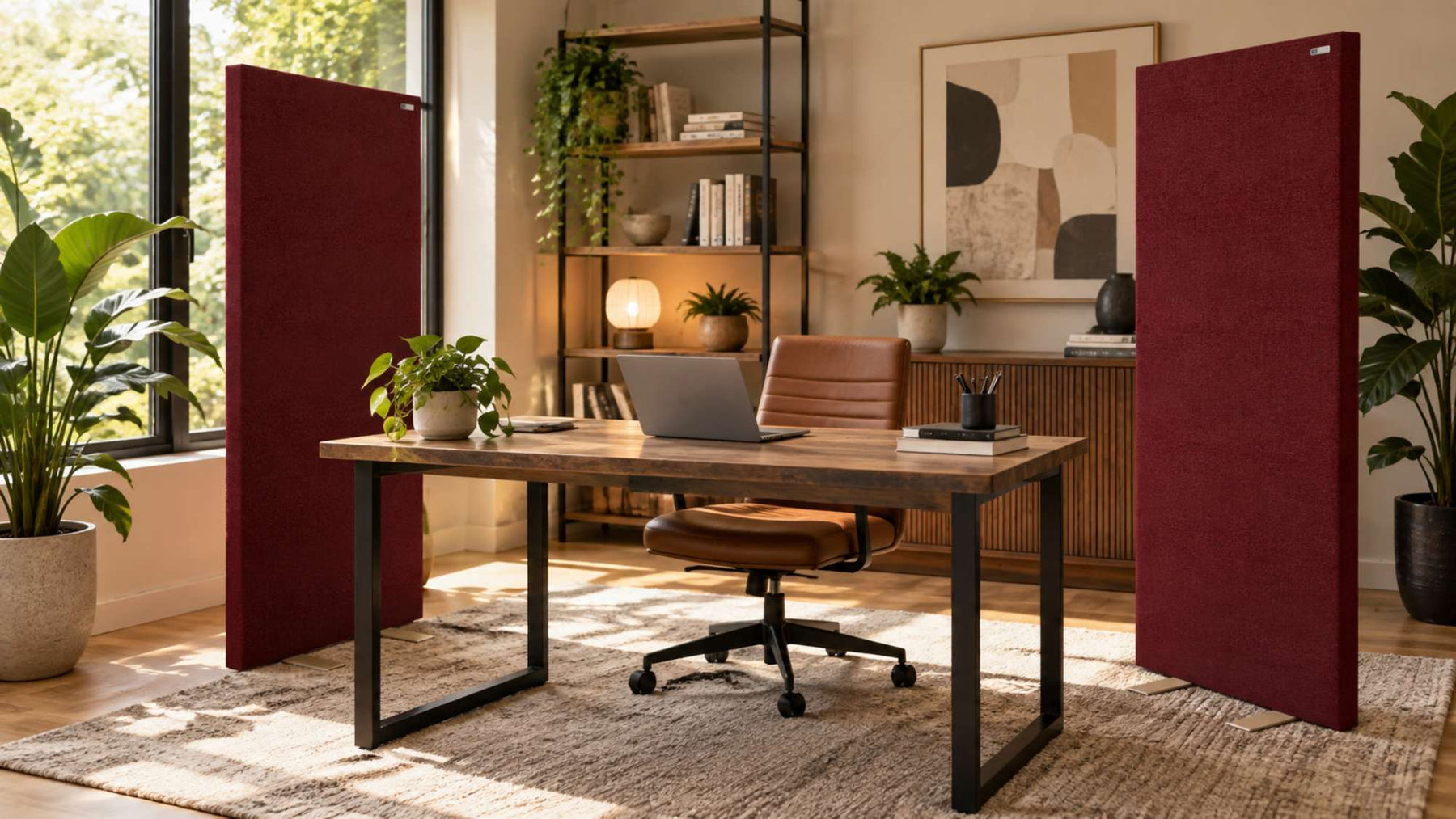 Two burgundy freestanding acoustic panels stand on either side of a modern home office desk to help control sound