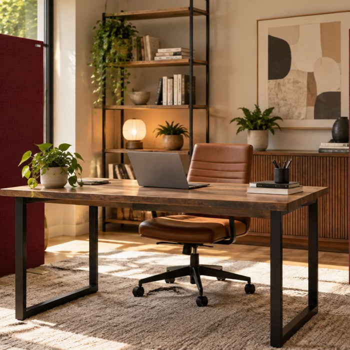 Two burgundy freestanding acoustic panels stand on either side of a modern home office desk to help control sound