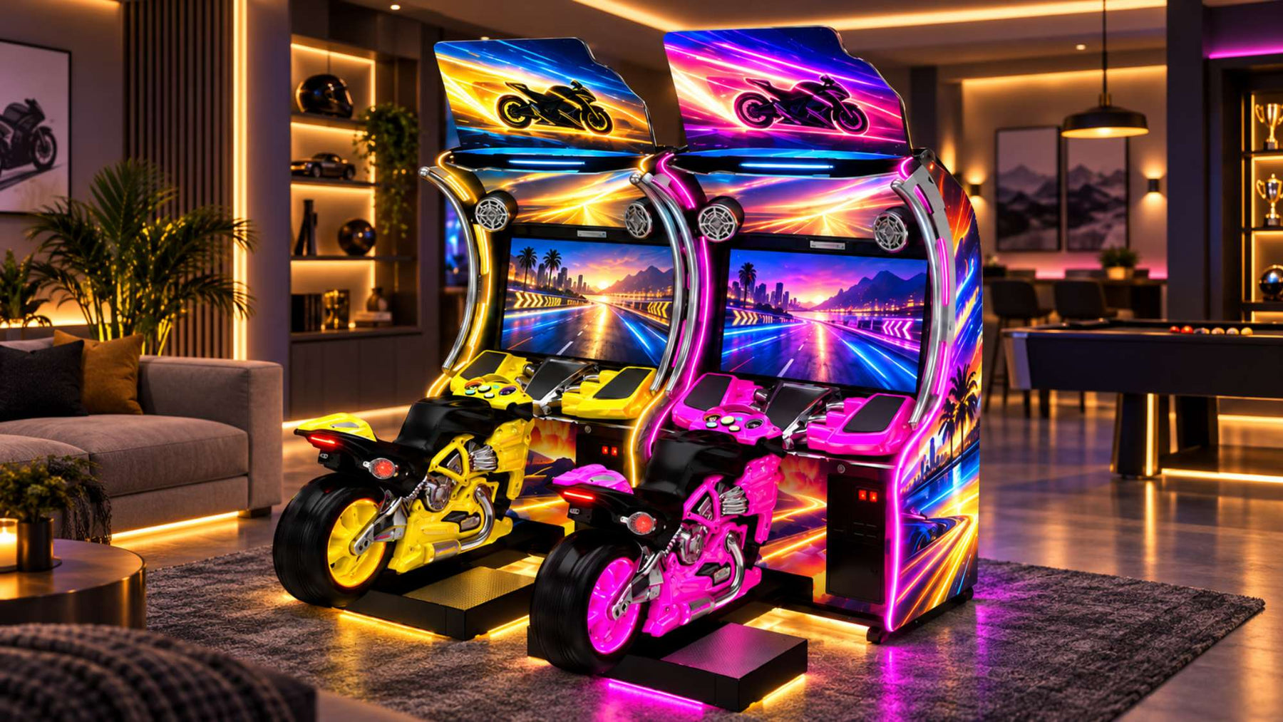 Two colorful motorcycle arcade game machines with yellow and pink bike seats stand side by side in a modern home game room