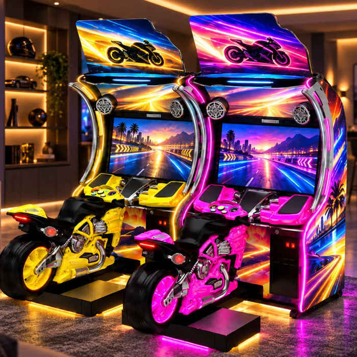 Two colorful motorcycle arcade game machines with yellow and pink bike seats stand side by side in a modern home game room