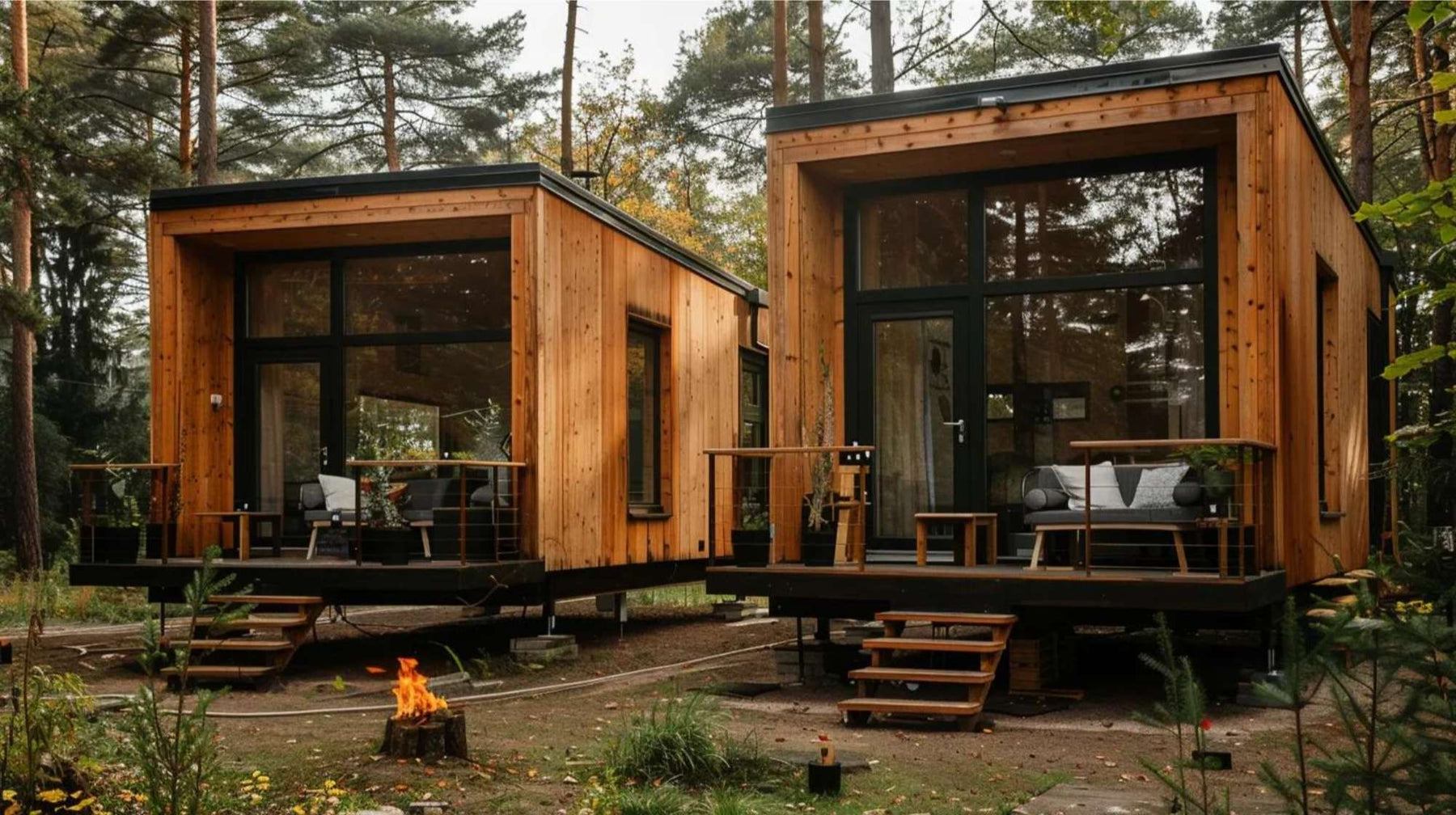 Two modern backyard tiny homes in a wooded setting designed to help retire with tiny home income