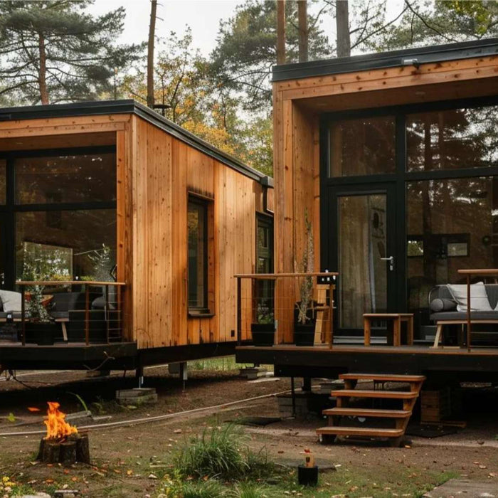 Two modern backyard tiny homes in a wooded setting designed to help retire with tiny home income