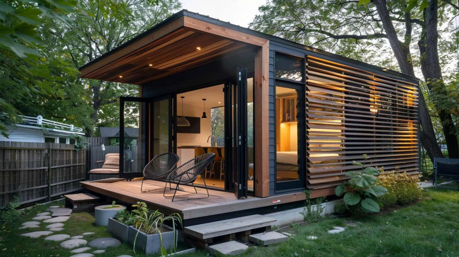 Unique tiny home Airbnb modern black and wood cabin with large glass doors, warm interior lighting, and a small deck with chairs in a leafy backyard