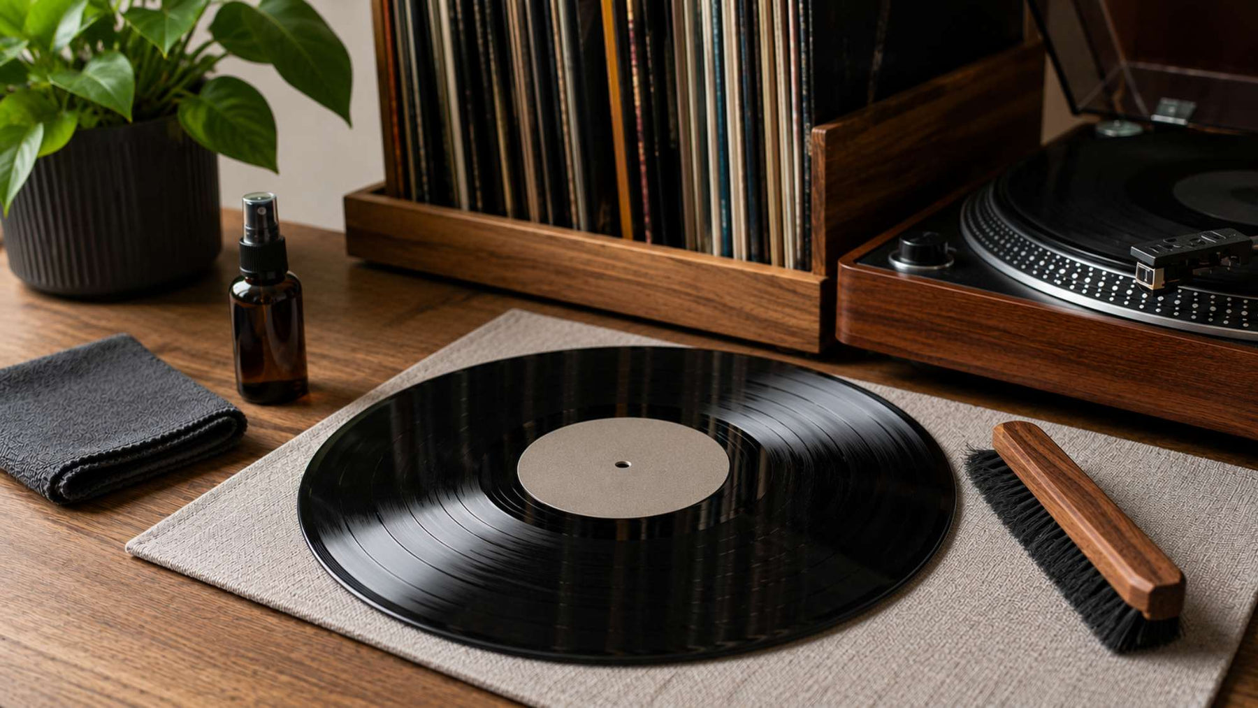 Vinyl record with a cleaning brush and supplies featured in a record cleaning guide for proper vinyl care