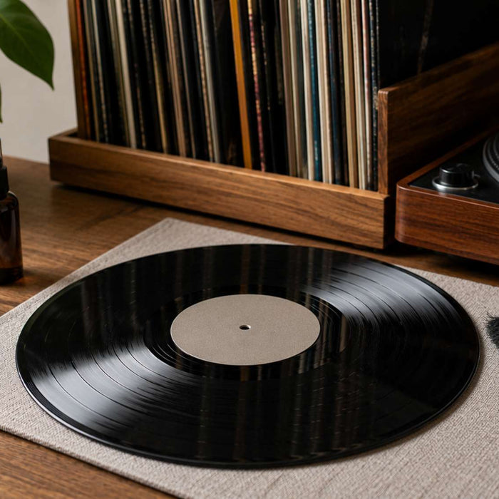 Vinyl record with a cleaning brush and supplies featured in a record cleaning guide for proper vinyl care
