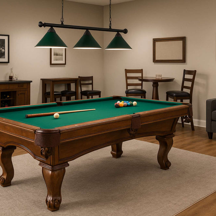 Warm and cozy game room with pool table, featuring a classic wooden table with green felt, soft lighting above it, and comfortable seating arranged around the room