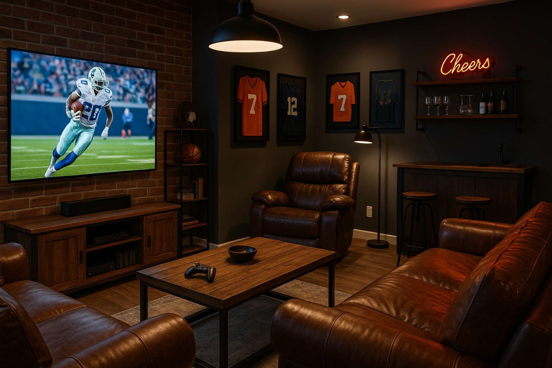 Warm man cave with leather seating, a large TV, sports jerseys, and a small bar offers a clear idea of what to put in man cave setups
