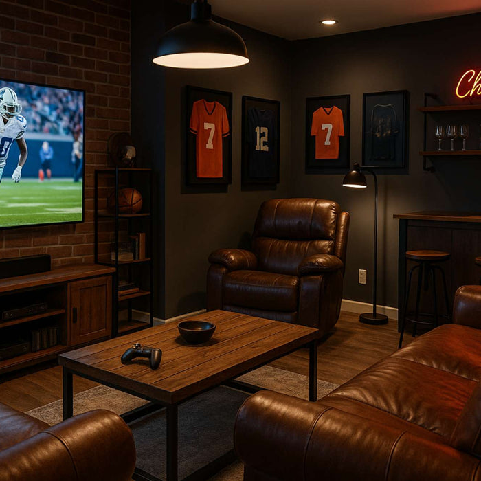 Warm man cave with leather seating, a large TV, sports jerseys, and a small bar offers a clear idea of what to put in man cave setups