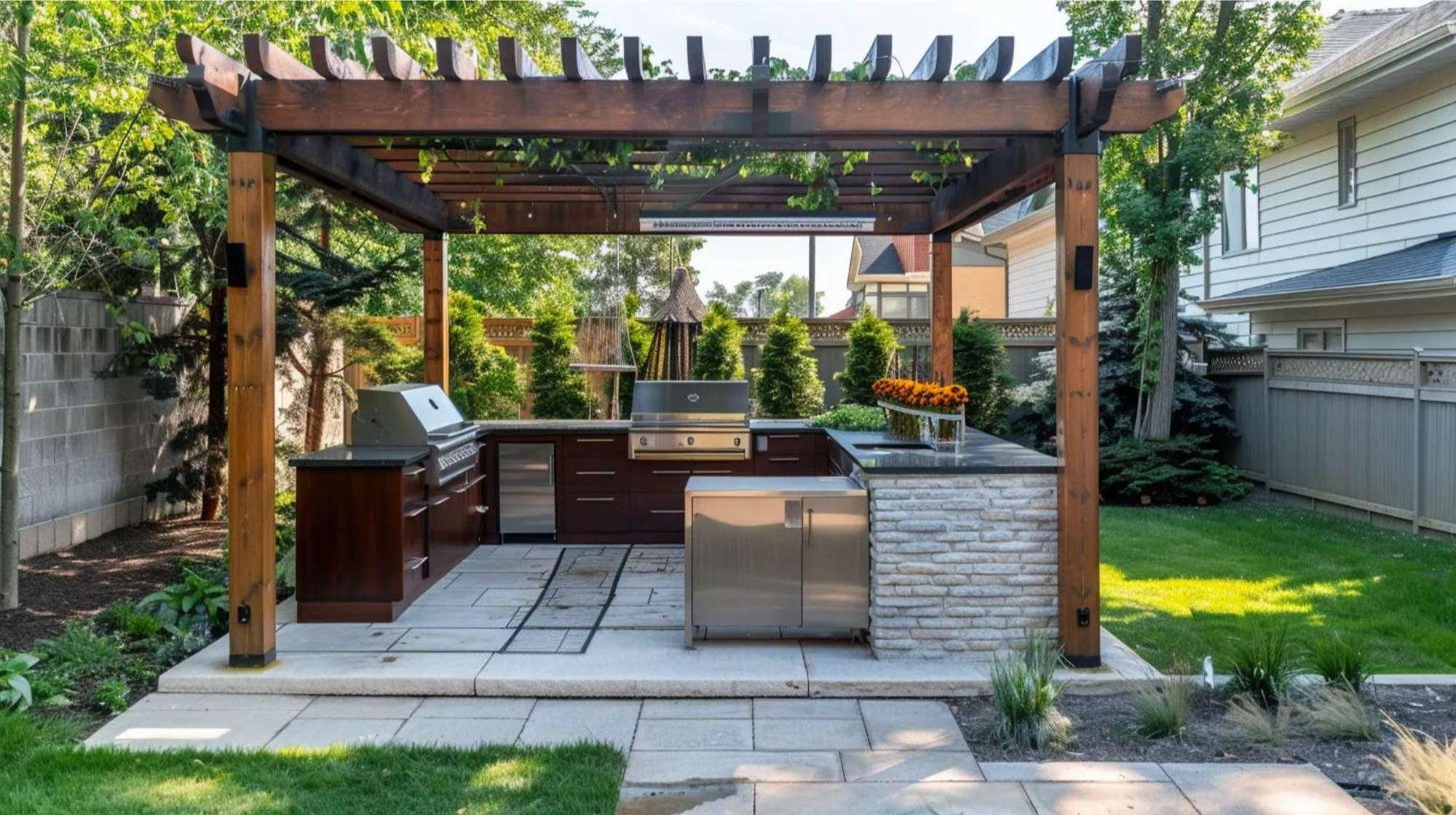 Well-organized backyard meal prep kitchen under a wooden pergola with a grill, sink, fridge, and counter space surrounded by a green garden and fenced yard