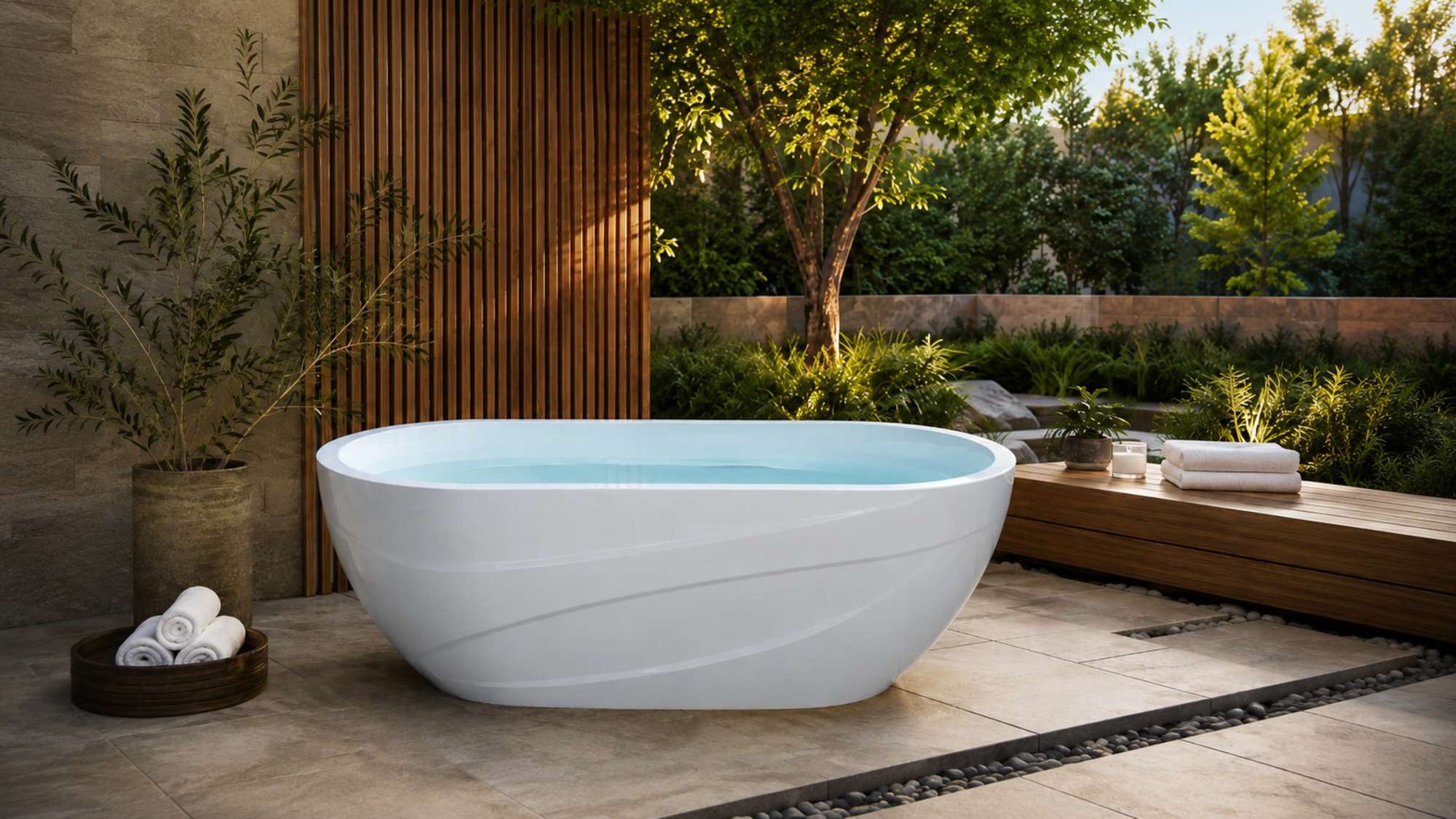 White home cold plunge tub filled with pale blue water on a modern outdoor patio with wood panels, greenery, and folded towels