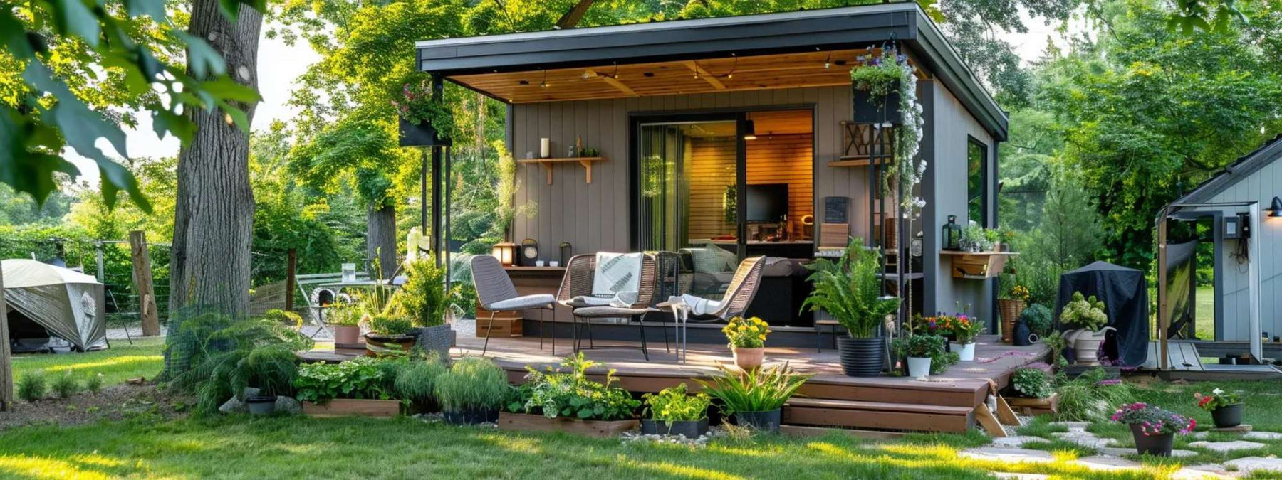 Who can live in a tiny house shown by a modern tiny home with a deck and plants in a wooded yard