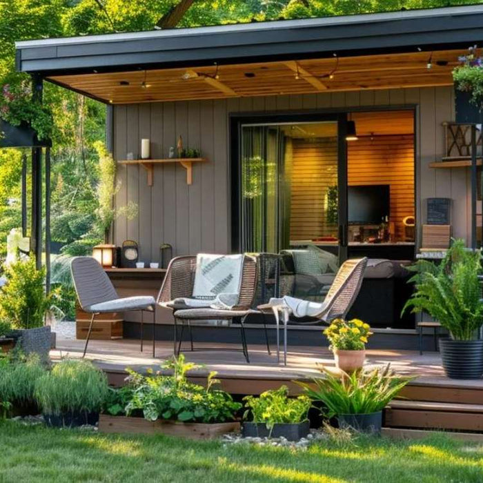Who can live in a tiny house shown by a modern tiny home with a deck and plants in a wooded yard