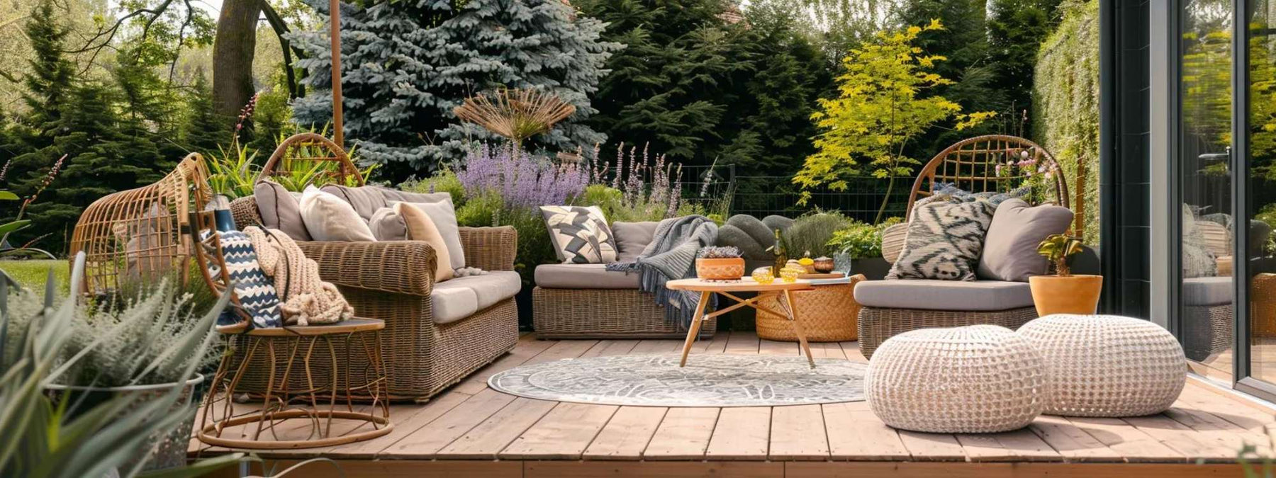 Wicker sofas with cushions on a wooden deck surrounded by greenery, showing cozy garden house furniture ideas