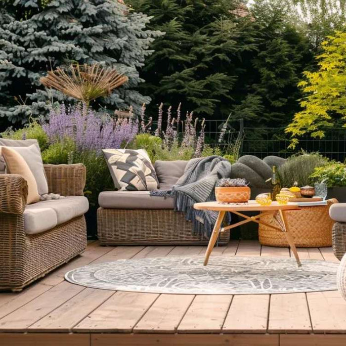 Wicker sofas with cushions on a wooden deck surrounded by greenery, showing cozy garden house furniture ideas