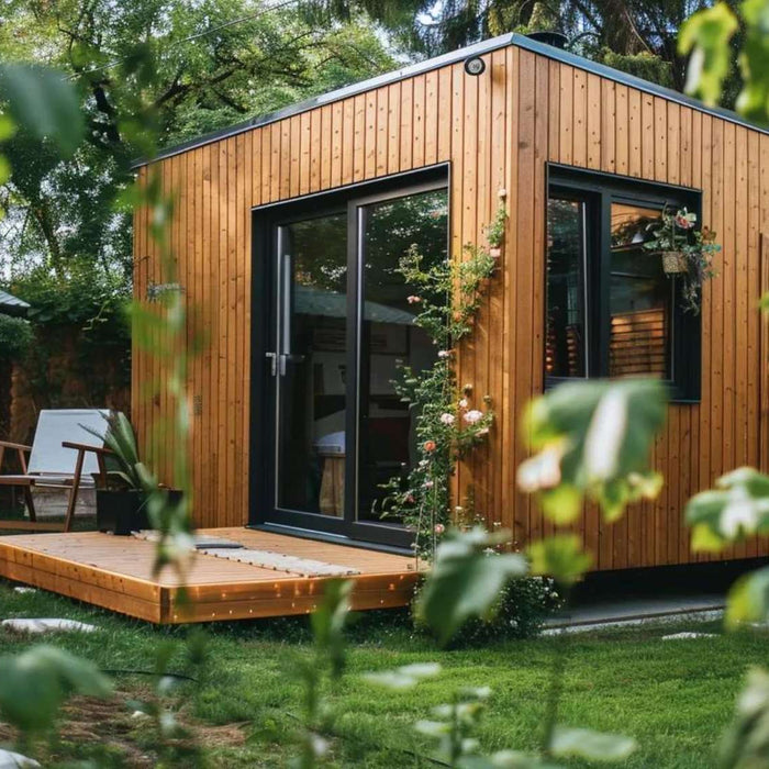 Wood backyard ADU with a small deck, showing ADU financial benefits through extra living space