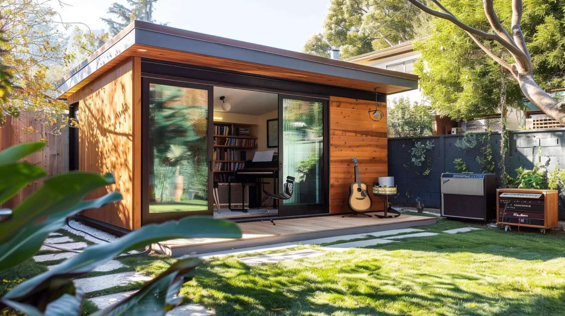 Wooden backyard garden music studio rental with glass doors, a piano inside, and guitars and amplifiers set up beside a sunny lawn