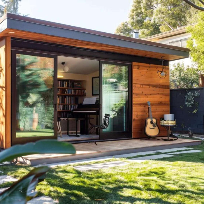 Wooden backyard garden music studio rental with glass doors, a piano inside, and guitars and amplifiers set up beside a sunny lawn