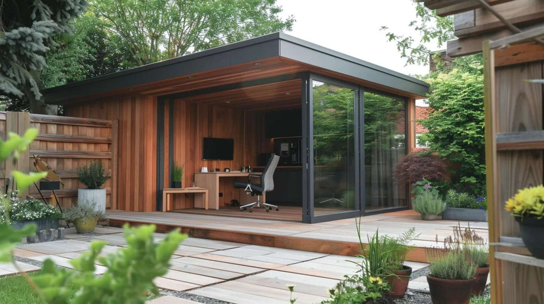 Wooden backyard garden office with a desk, chair, and outdoor workspace setup surrounded by plants