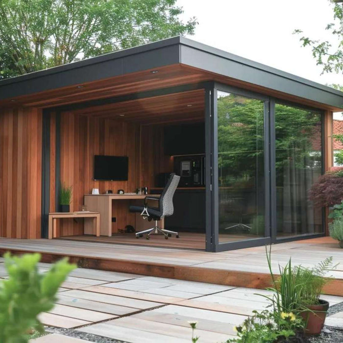 Wooden backyard garden office with a desk, chair, and outdoor workspace setup surrounded by plants